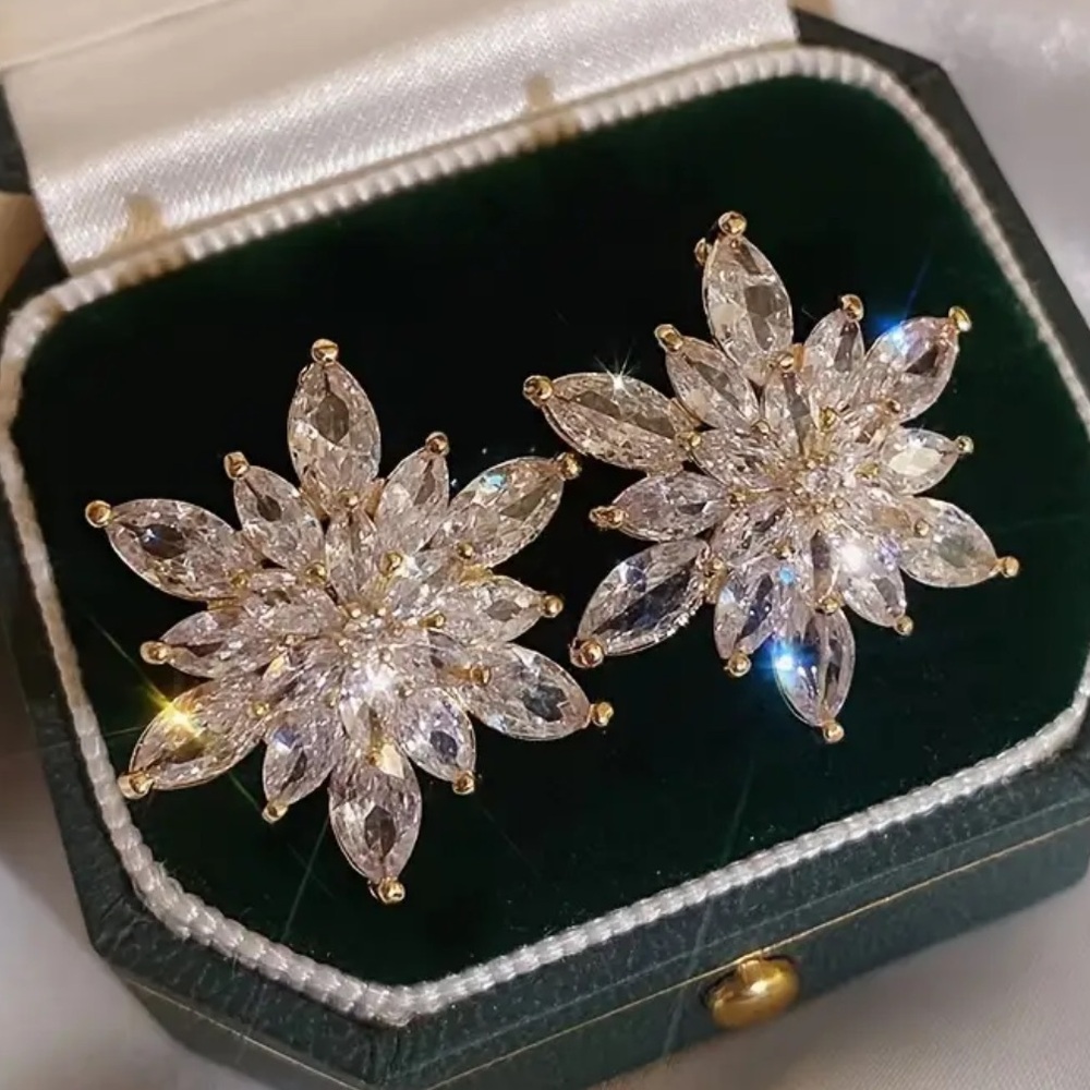 Gold Crystal Floral Statement Earrings Sparkling Holiday Wedding Jewelry - Picture 3 of 5